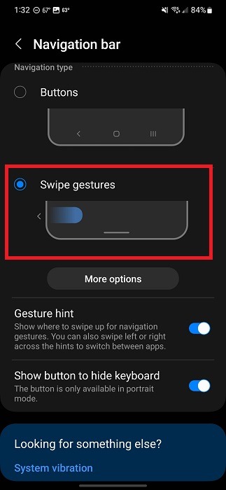 Selecting "Swipe gestures" option in Android Settings. 