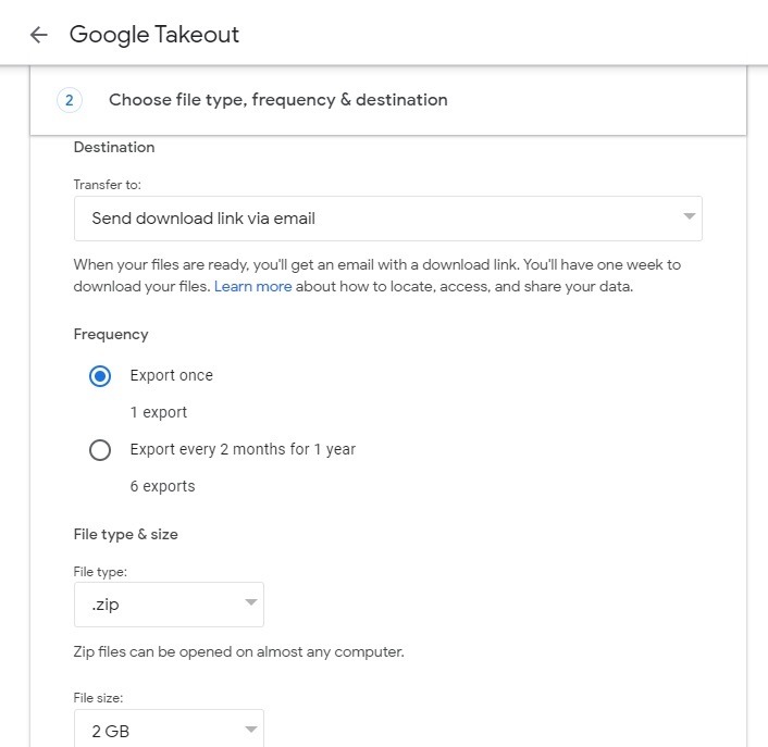 Setting up a Google Photos backup in Google Takeout.