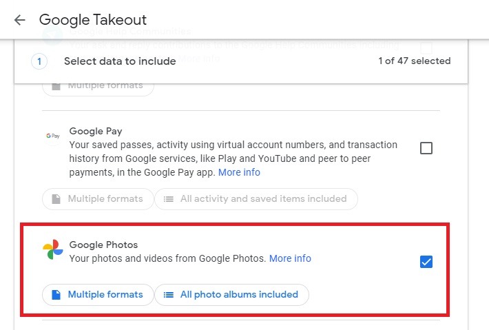 Selecting Google Photos in the Google Takeout data options window.