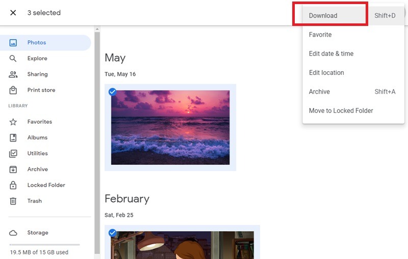 Using browser to back up Google Photos one at a time.