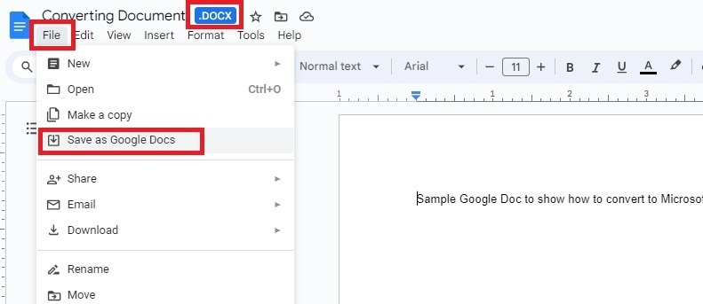 Saving an uploaded Word document as a Google Doc file.