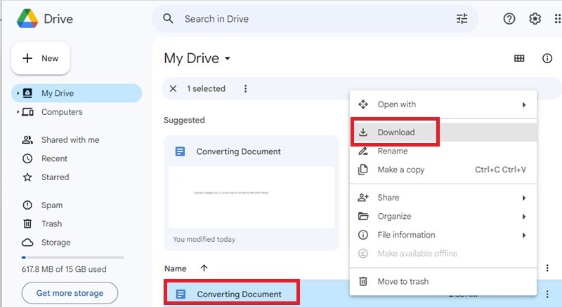 Convert Google Docs to Microsoft Word through Google Drive.