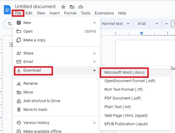 File menu in Google Docs, showing how to download a file as Microsoft Word.