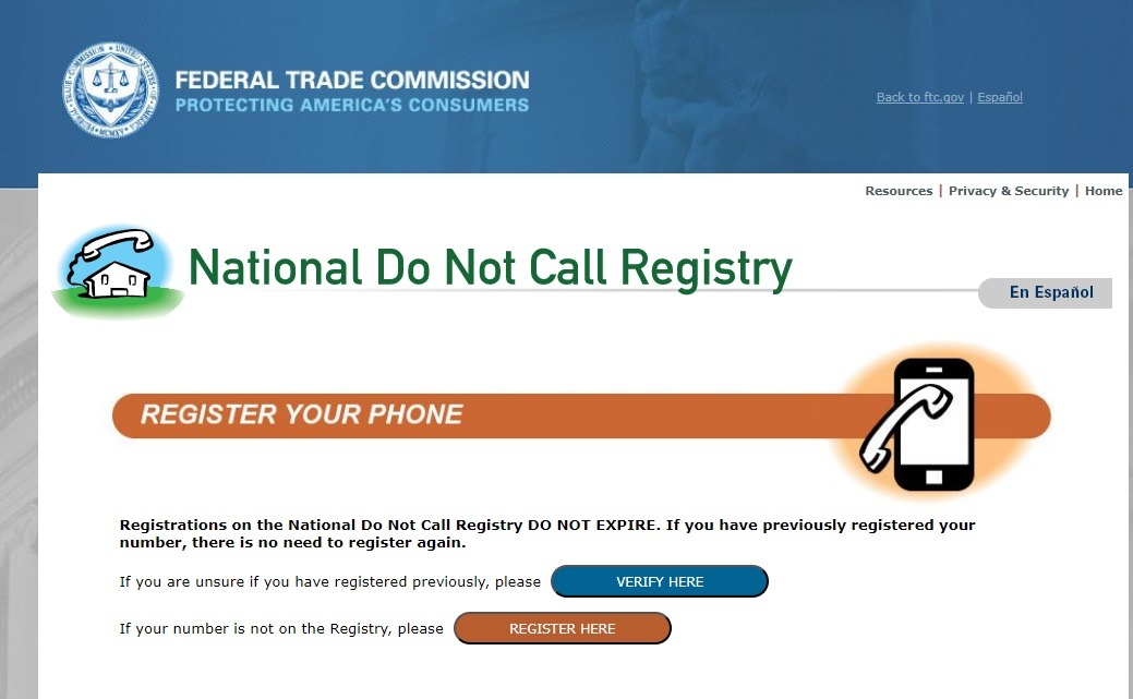 National Do Not Call registry website view. 
