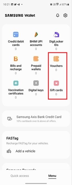 "Vouchers" and "Gift cards" options in Samsung Wallet app. 