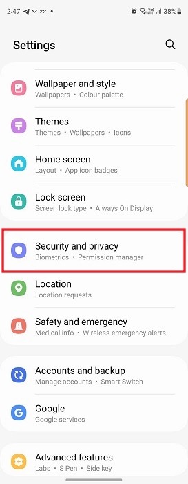 Clicking on "Security and Privacy" option in Settings on Samsung Galaxy phone. 