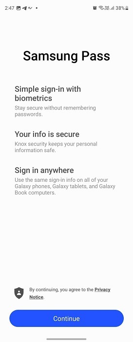Setting up Samsung Pass using Samsung account credentials. 