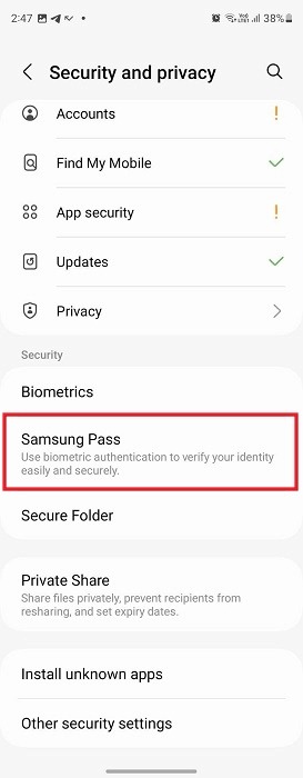 Selecting "Samsung Pass" option under "Security & privacy."