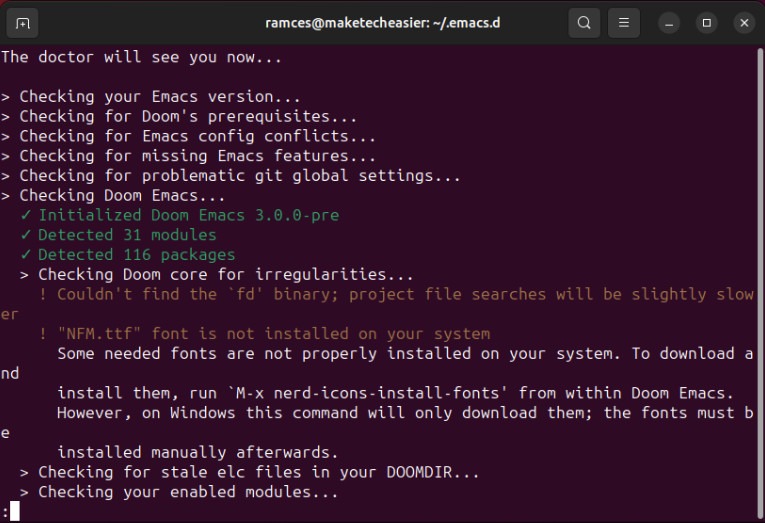 A terminal showing the Doom doctor utility running.