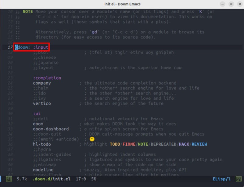 A screenshot highlighting the Doom function for the current Doom Emacs install.