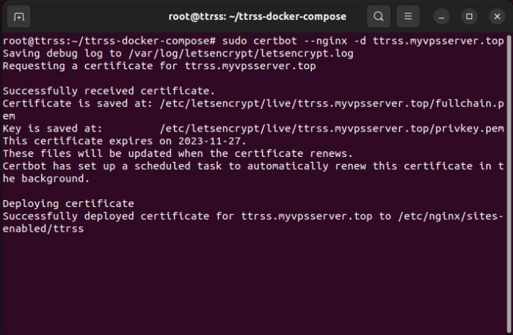 A terminal showing the SSL certificate request for my Tiny Tiny RSS instance.