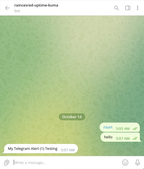 A screenshot showing a working Uptime Kuma Telegram bot.