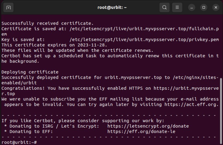 A terminal showing the SSL certificate request for an Nginx reverse proxy.