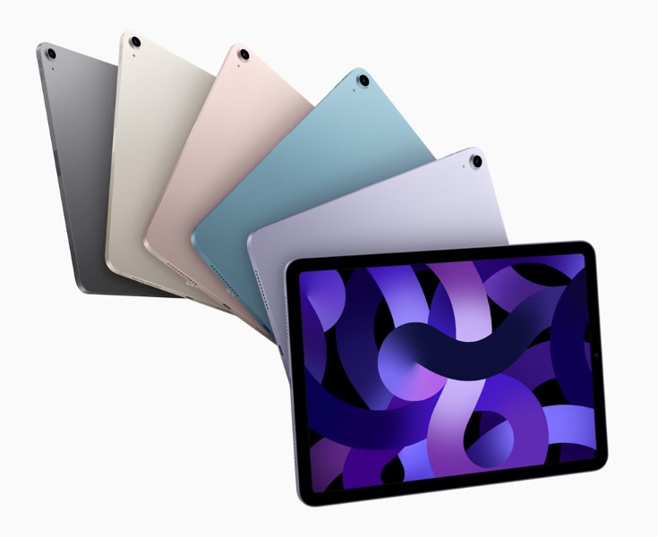 Multiple iPads in different colors on a white-grey background