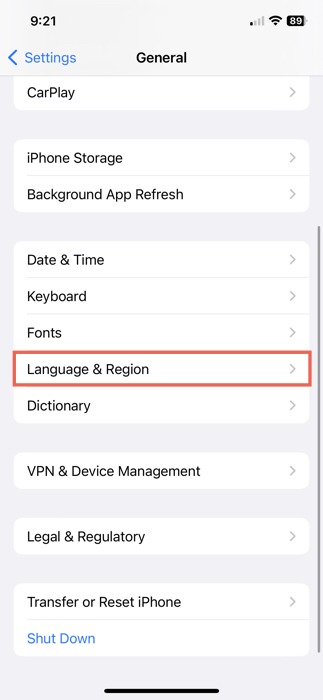 Language and Region in iPhone Settings 