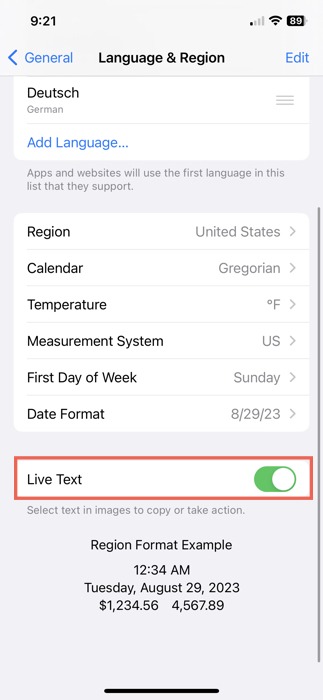 Live Text in iPhone Settings