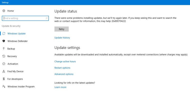 Error 0x80070422 in Update status of Windows 10.