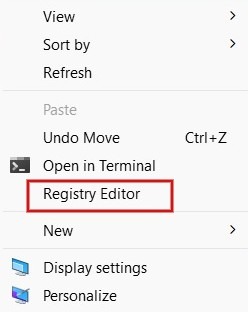 New "Registry Editor" option view in desktop context menu.