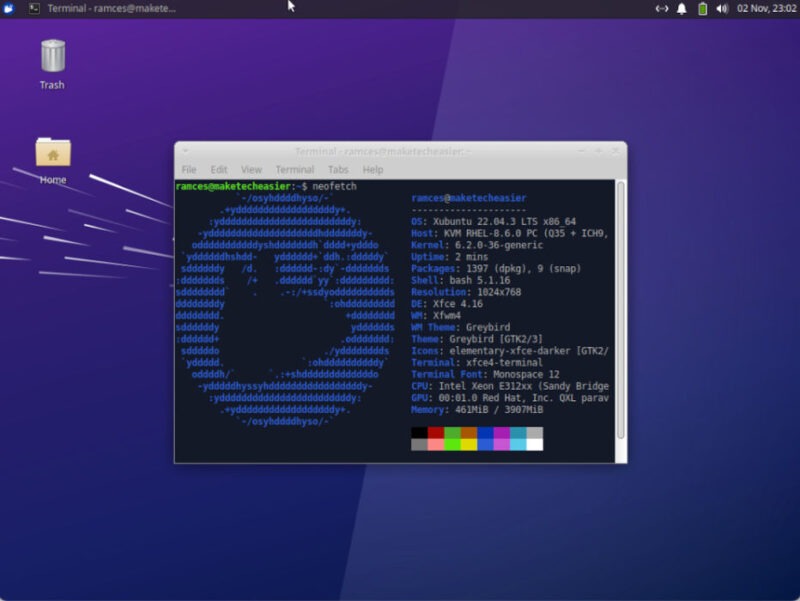 A screenshot of a terminal showing the specs of the KVM for XFCE.