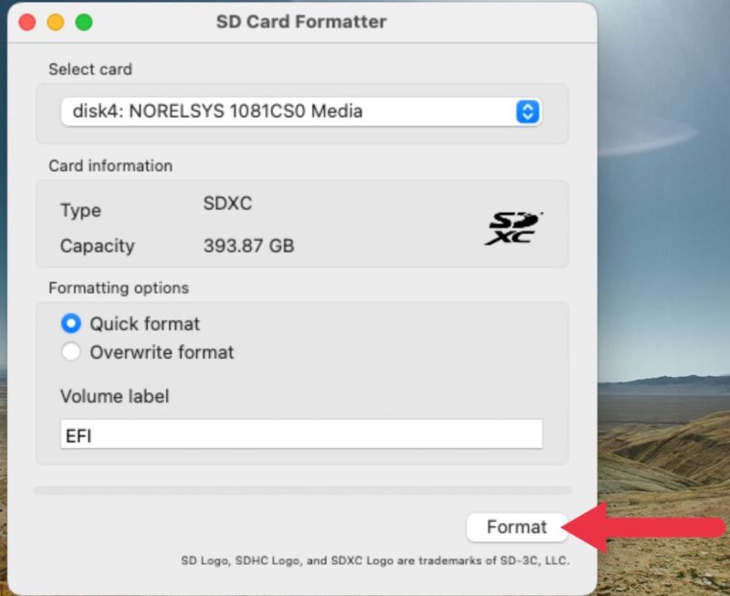 Open SD Card Formatter, and choose your formatting option.