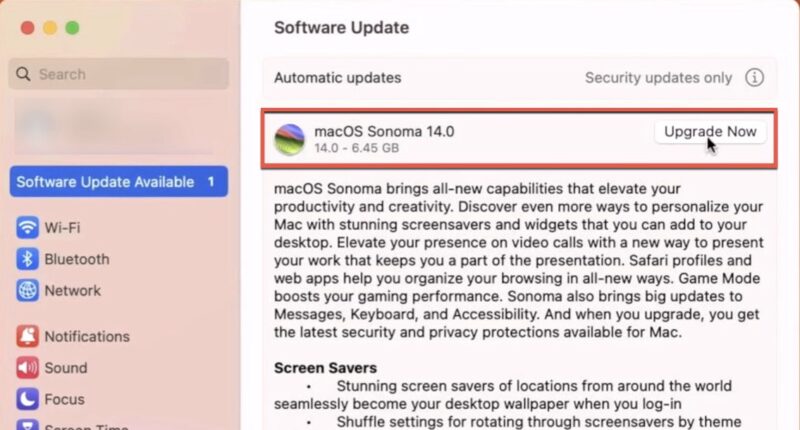 Macos Sonoma 14 Upgrade under Software Update