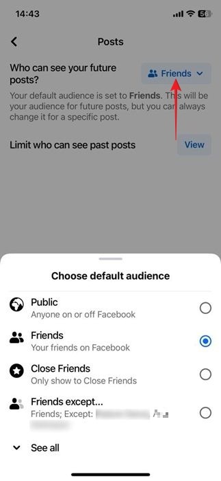 Changing "Who can see your future posts" from Settings in the Facebook iOS app.