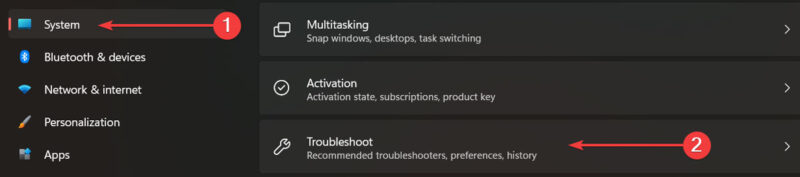 Navigating to "Troubleshoot" in Windows Settings. 