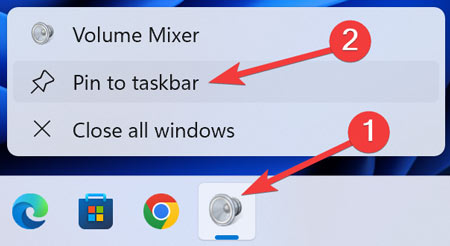 Clicking "Pin to taskbar" option after right-clicking "Volume Mixer" icon. 