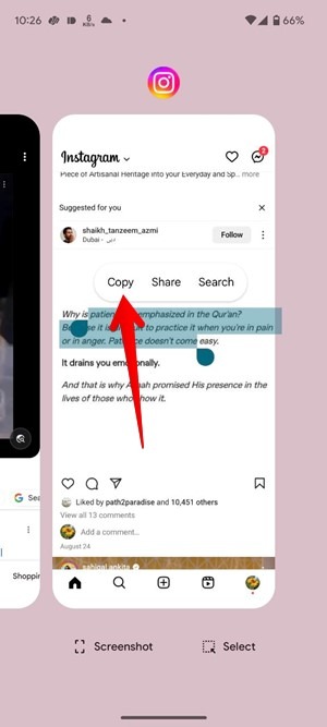 Tapping on "Copy" button in Recent Apps screen on Google Pixel phone. 