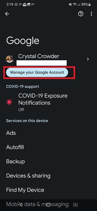 Tapping on the "Manage your Google Account" option in Google Account settings. 