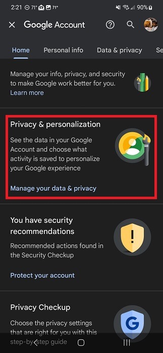Selecting "Privacy & personalization" option under Google Account settings.