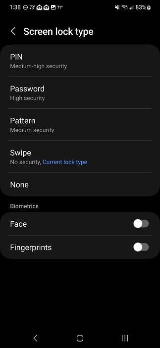 Selecting a screen lock type option for Android device. 