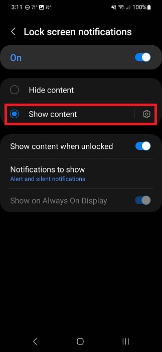 Tapping gear icon next to "Show content" to customize which apps show content on Android lock screen.