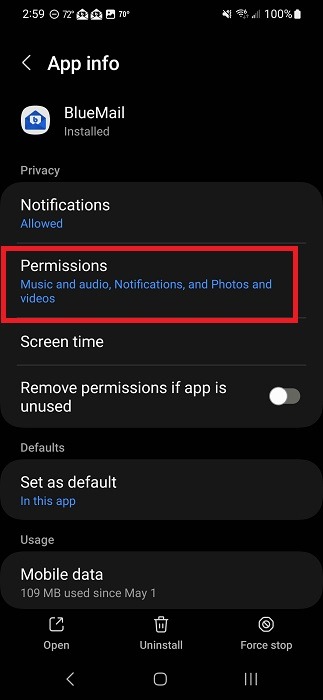 Tapping "Permissions" for app you want to review on Android.