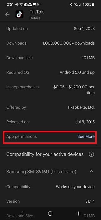 Tapping on "See more" next to "App permissions" under "About this app."