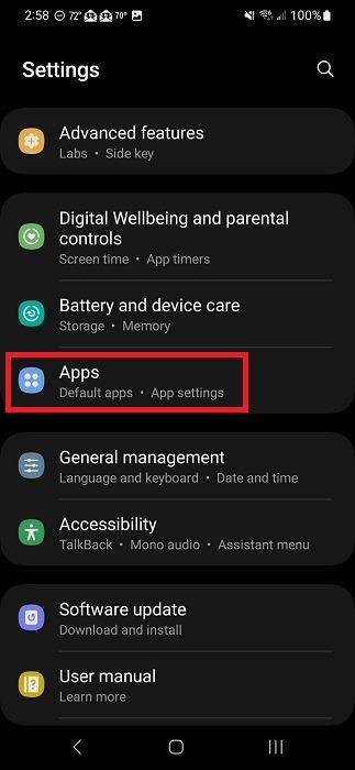 Tapping on "Apps" in Android Settings.