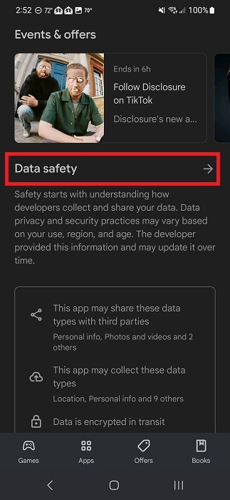 Clicking on "Data safety" section on app page on Google Play Store.