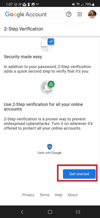 Tapping on "Get started" button to start setting up 2FA for Google account.