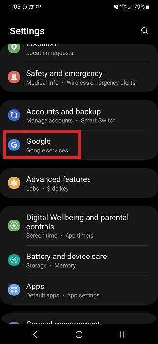 Tapping on the "Google" option in Android Settings.