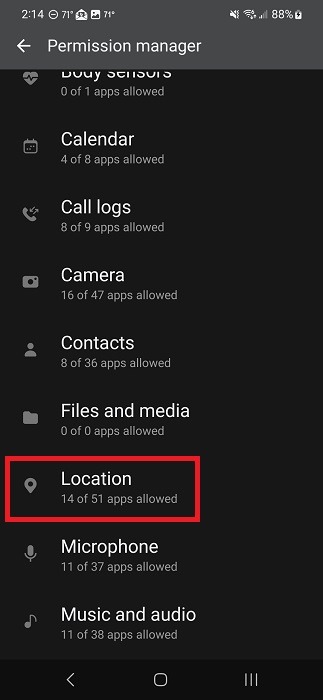 Tapping on "Location" in Permission manager.