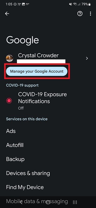 Tapping on "Manage your Google Account" button in Android Settings.