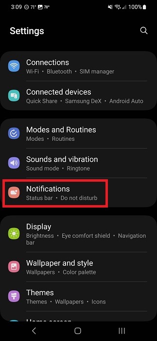 Navigating to "Notifications" under Android Settings.