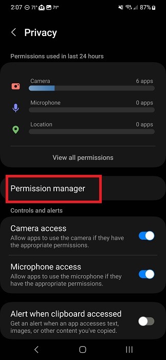 Selecting "Permission manager" under "Privacy" via Android Settings. 