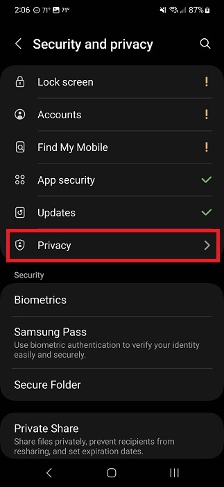 Selecting "Privacy" from "Security and privacy" menu in Android Settings.