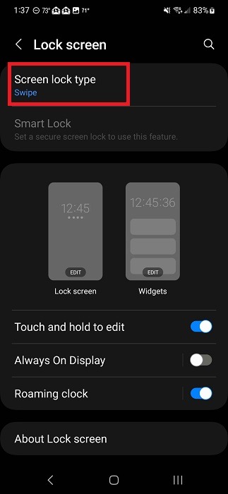 Selecting "Screen lock type" option. under "Lock screen."