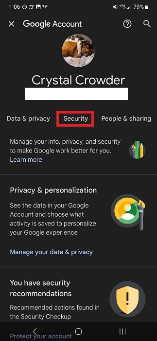Switching to "Security" tab under Google Account in Android Settings.
