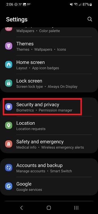Clicking on "Security and privacy" option in Android Settings.