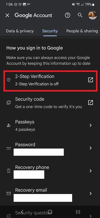 Clicking on "2-Step Verification" option in Google Account.