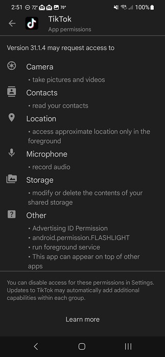 Checking permissions for TikTok app on Android.