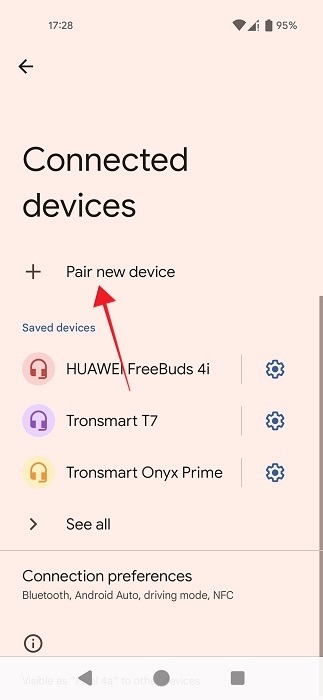 Tapping on "Pair new device" button in Android settings.
